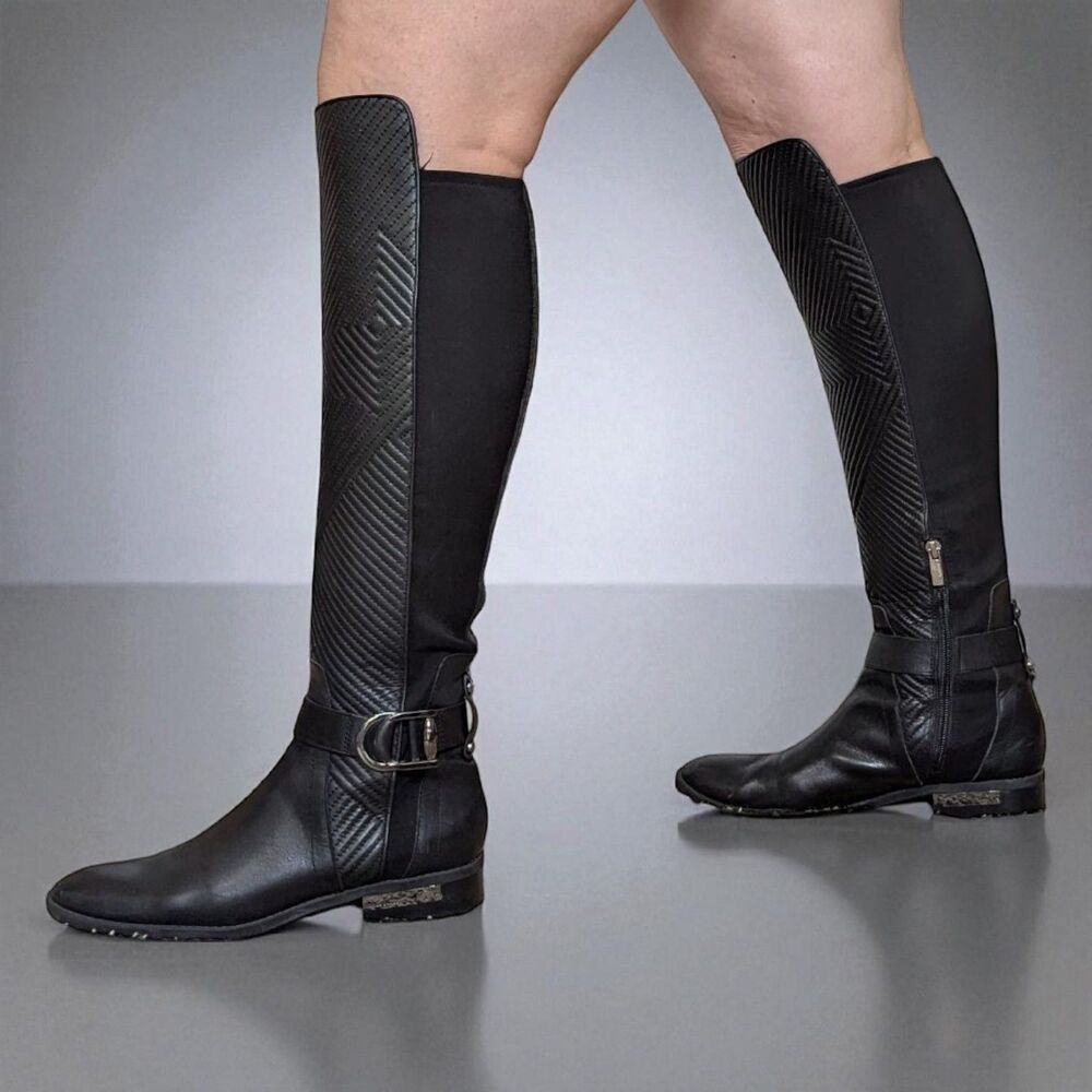 Vince Camuto Sz 8 Equestrian Tall Boot Black Pordalia Quilted Leather Wide Calf